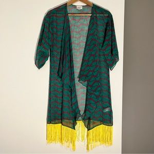 LulaRoe Teal & Magenta Duck Monroe Fringe Kimono Coverup
